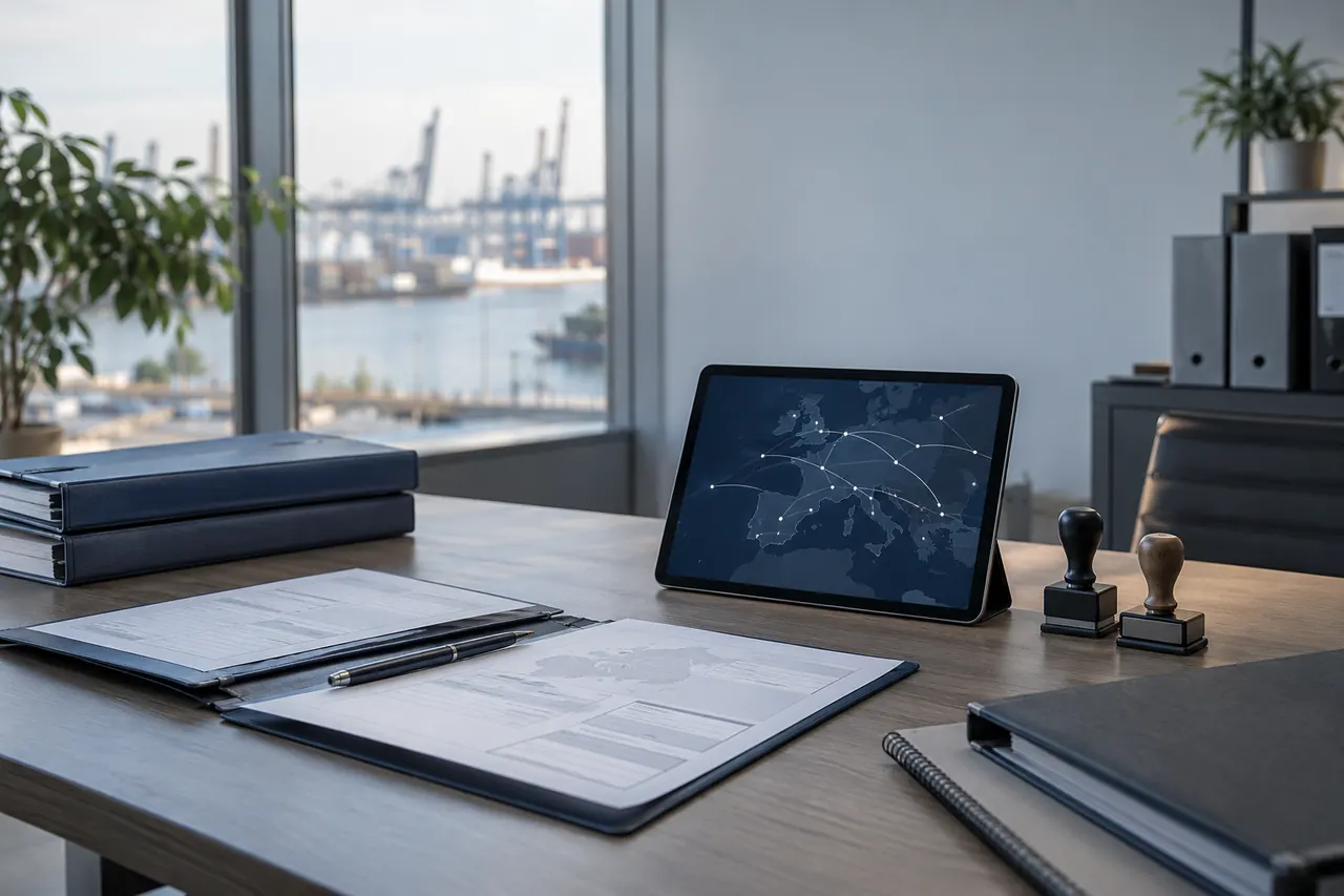 Carpetas de documentación de transporte, sellos y una tablet con un mapa de rutas sobre la mesa de una oficina de tráfico.