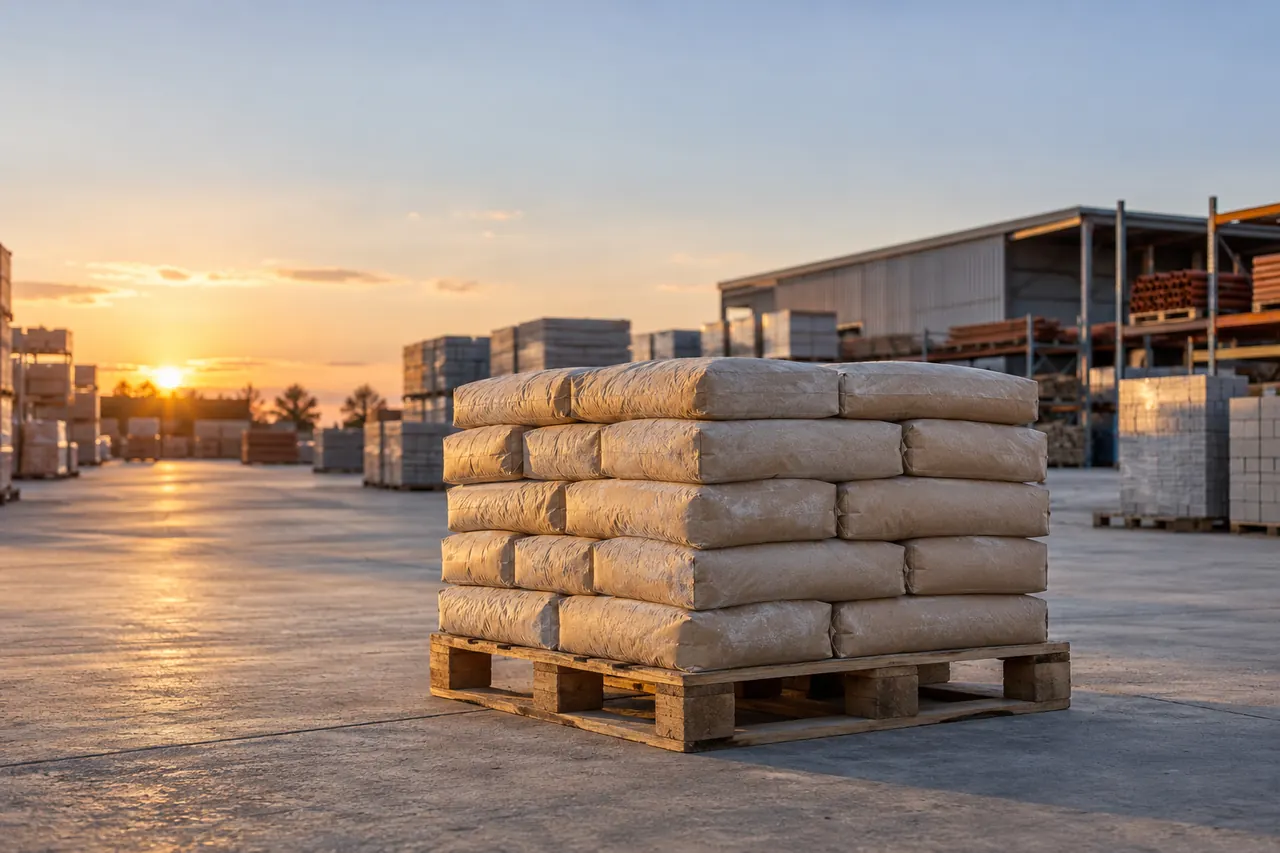 Un palet con sacos de material de construcción espera en el patio de un almacén de materiales al atardecer.