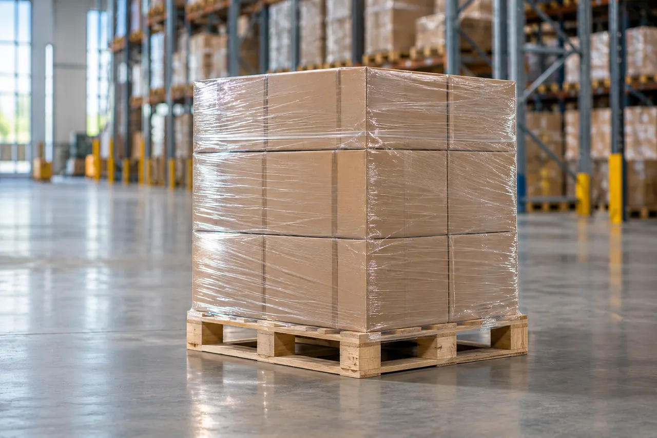 Un europalet con cajas apiladas y bien retractiladas, listo para salir del almacén.